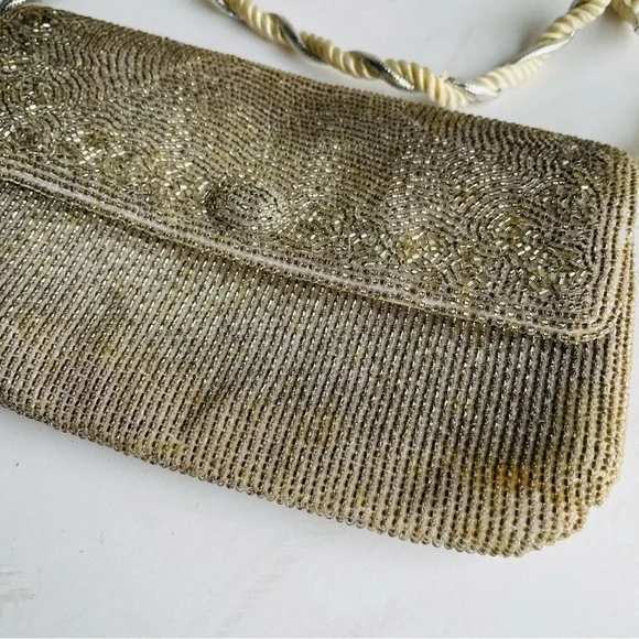 Vintage "RICHERE" Beaded Purse Evening Bag Silver Gold 1960's Hand Made in Japan - Picture 3 of 16